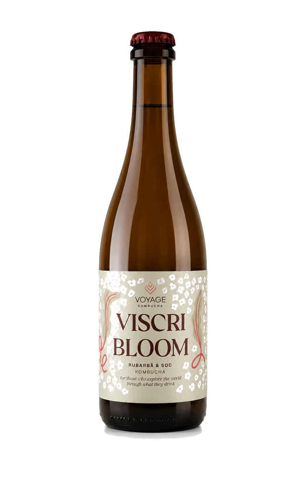 Sticlă de kombucha Viscri Bloom cu etichetă crem
